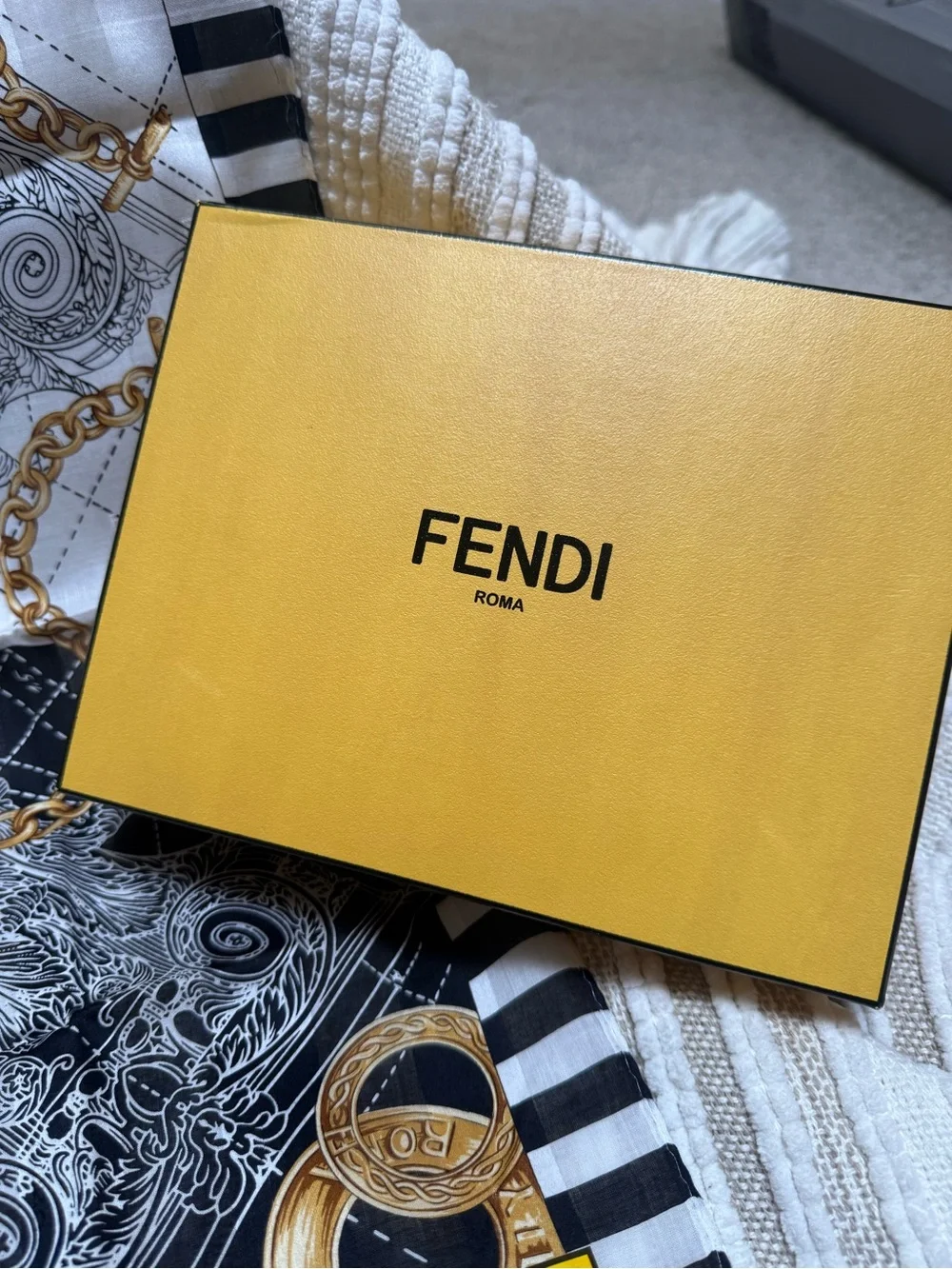 Fendi Black, White & Gold Chain-Print Silk Scarf